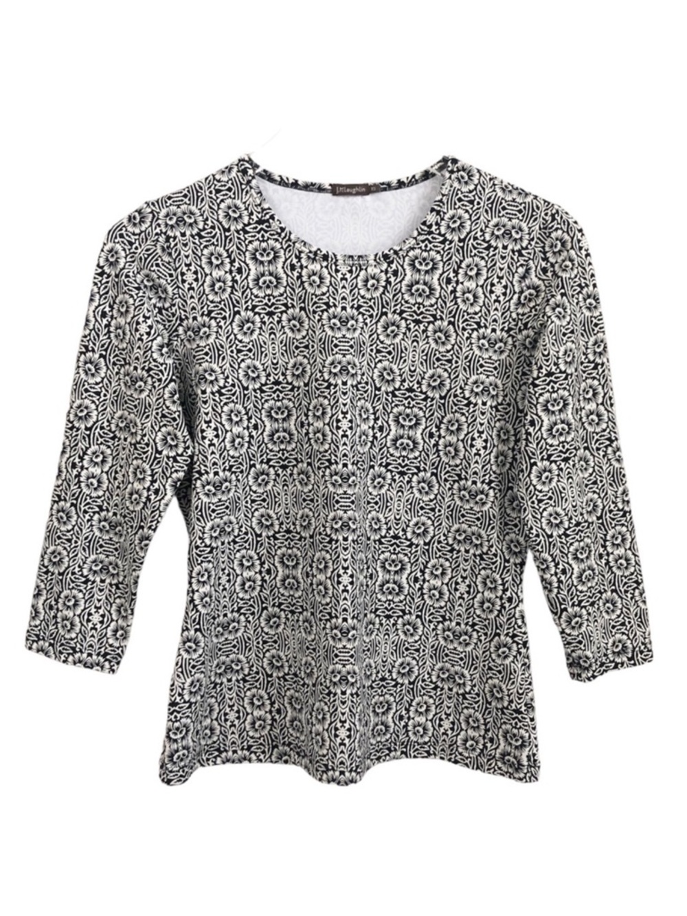 J. McLaughlin | Floral Black Cream 3/4 Sleeve Signature Tee XS